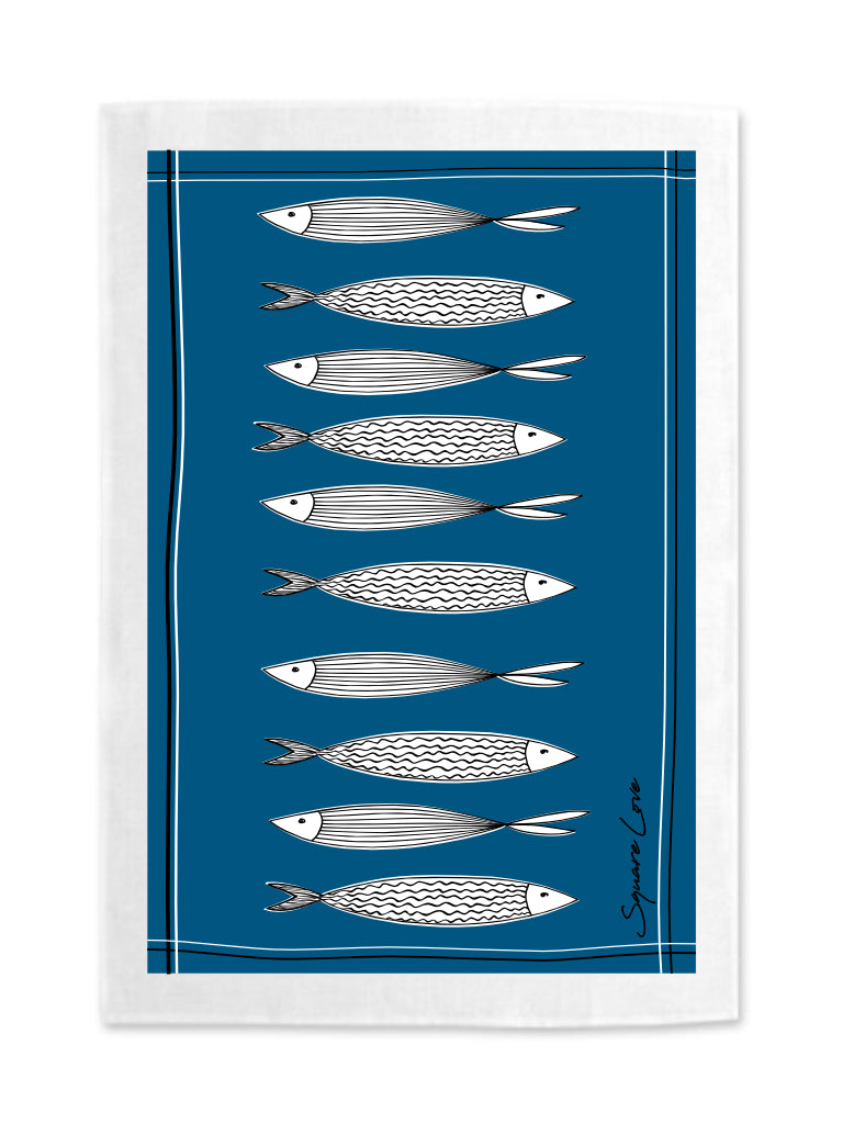 Fish Ocean Blue Linen Blend Tea Towel