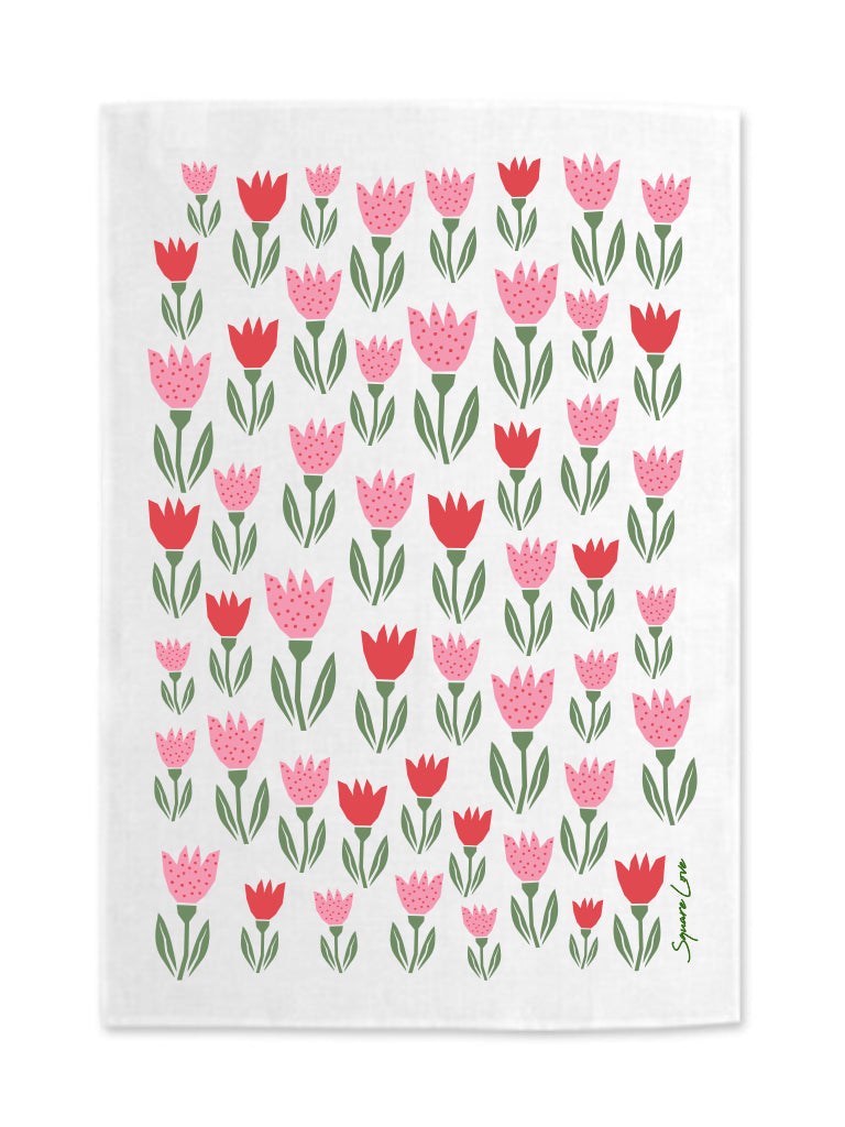 Tulips Pink Linen Blend Tea Towel