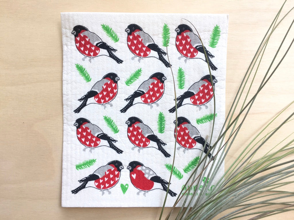 Red Birds Swedish Dishcloth