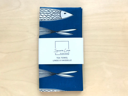 Fish Ocean Blue Linen Blend Tea Towel